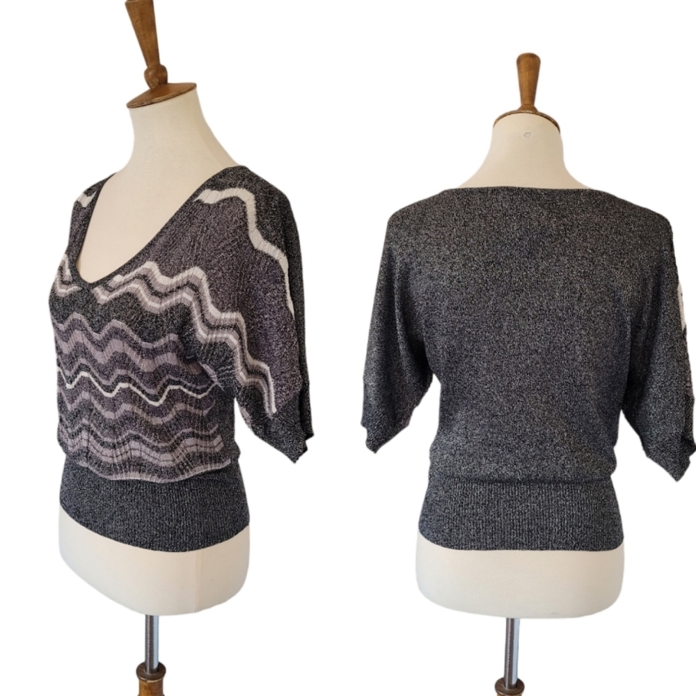 90's Metallic Silk Blend Black Zig Zag Pattern Top